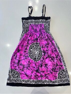 Silk Advance Apparels Hot Pink Black Printed Smocked Bodice Dress Adj Straps